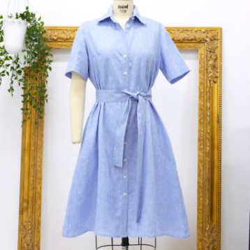 Short sleeve shirt dress pattern with waist tie and a-line skirt